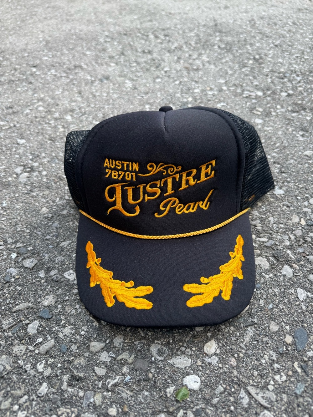 Lustre Pearl Austin 78701 Embroidered Trucker Hat - Black & Gold
